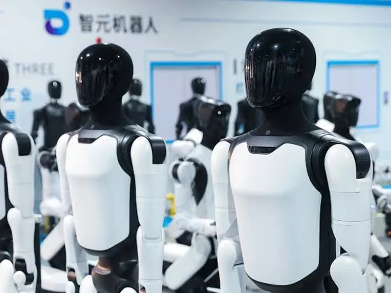 Fileira de robôs humanoides numa fábrica na China